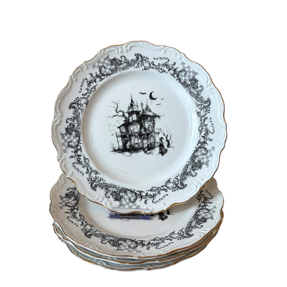 3pc Grace Teaware Halloween Haunted House Dinner Plates 11" Porcelain Spooky NEW